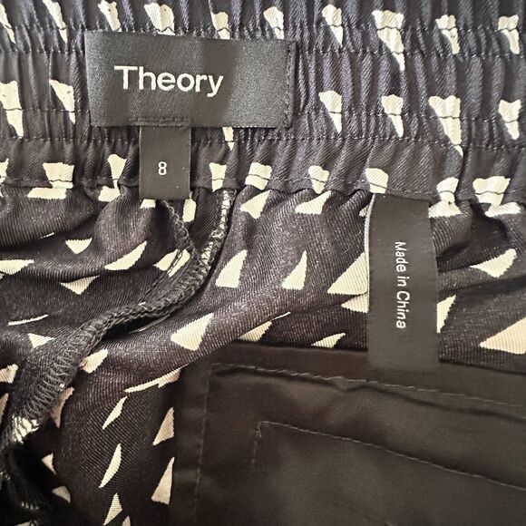 Theory Silk Triangle Print Pull-On Trouser Navy Ivory Print Size 8 - Picture 10 of 10
